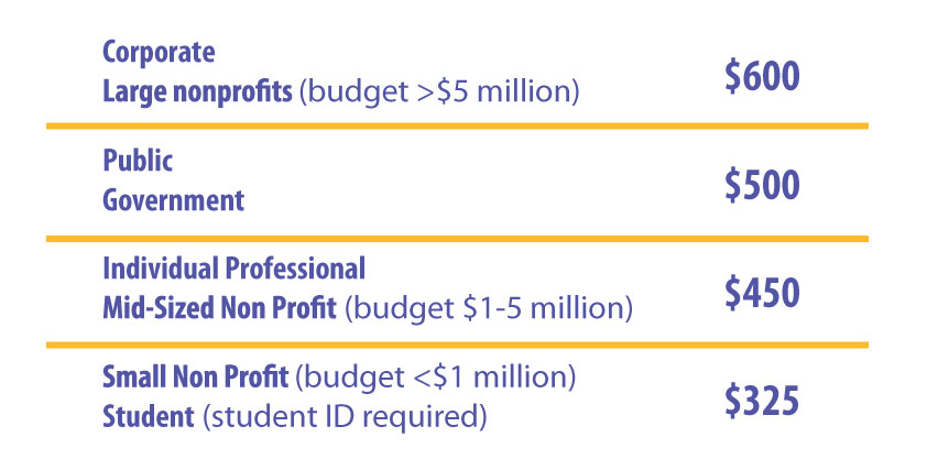 Course Pricing: Corporate or large nonprofit - $600, Public or government - $500, Independent Consultant or Mid-sized nonprofit - $450, Student or small non-profit - $325